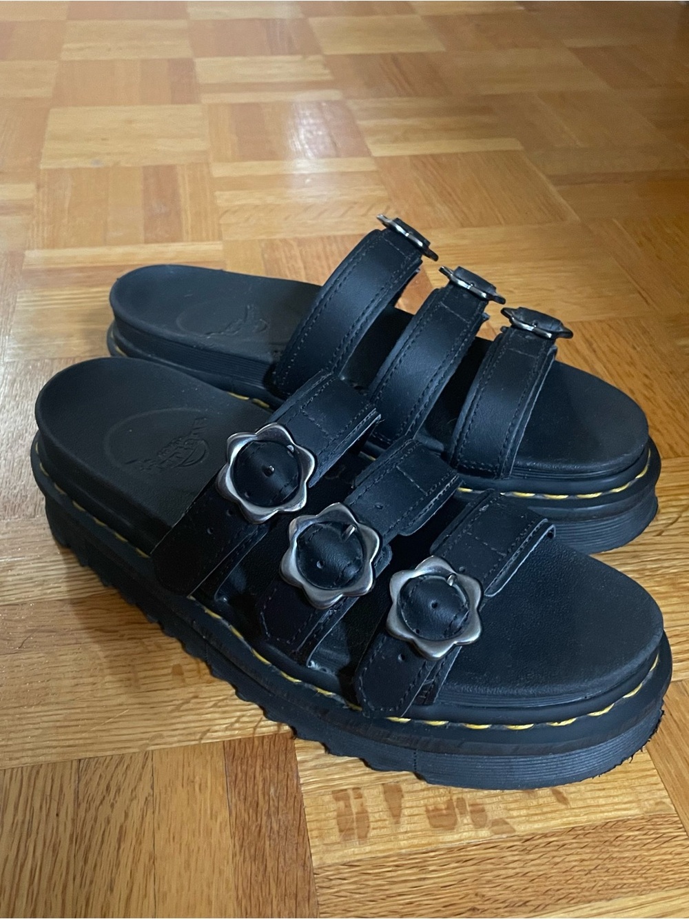 Dr. Martens Black Platform Flower Buckle Blaire Slides - Picture 3 of 6